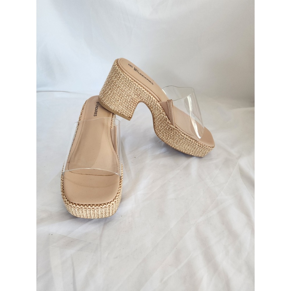 No Boundaries Clear Strap Platform Wedge Sandals Raffia Block Heel Tan Size 8